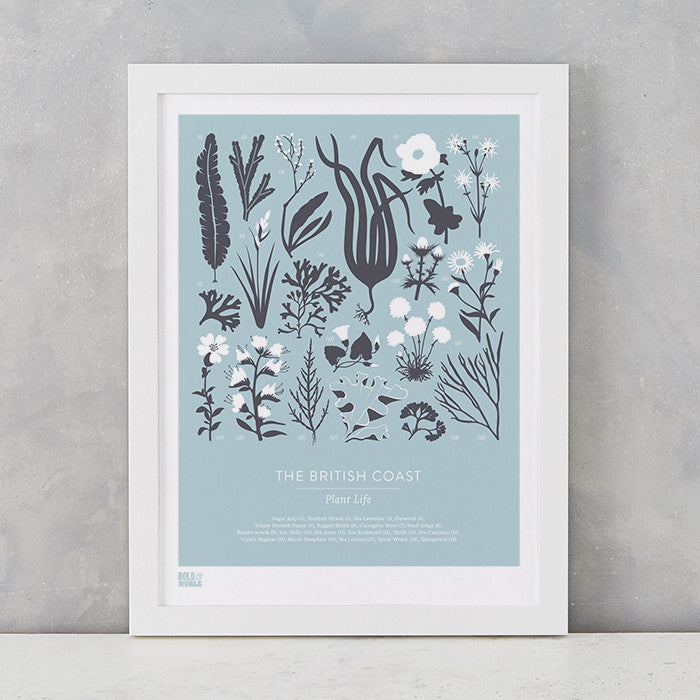 British Coast Plants screen print in duck egg blue, recycled card, delivered worldwide