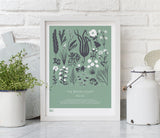 Wall art ideas, economical screen prints, British Coastal Plant Life print in seafoam green