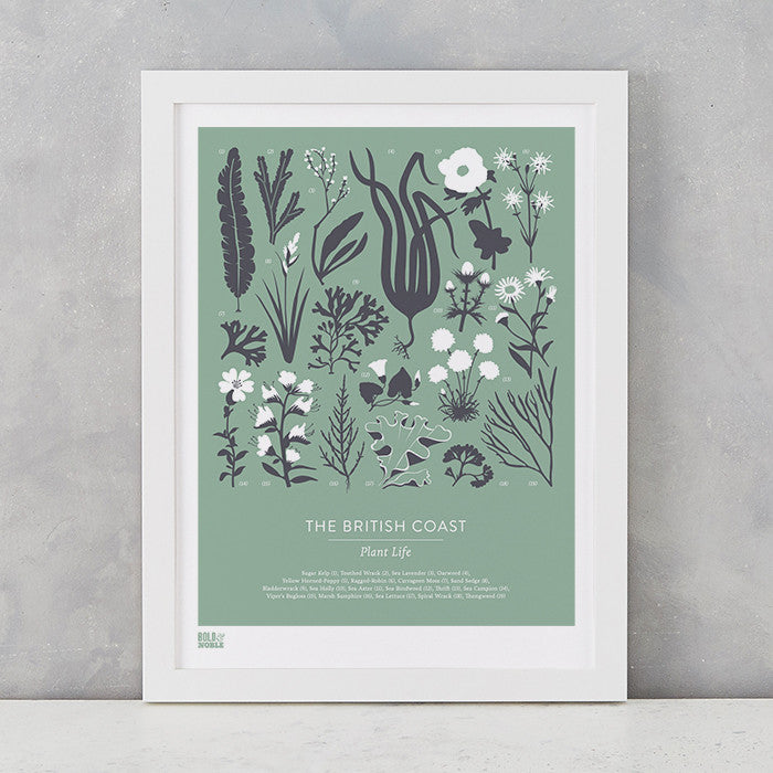 British Coast Plants screen print in seafoam green, recycled card, delivered worldwide