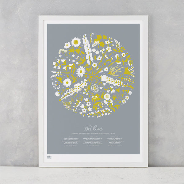 Bee Kind illustrated floral print in yellow and grey, bee friendly artwork ideas, delivered worldwide