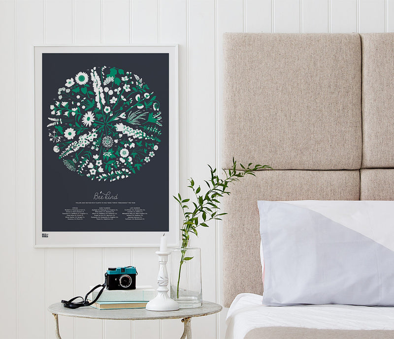 Pictures and wall art, screen printed Bee Kind floral poster in slate