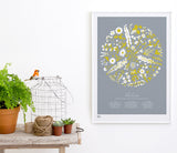 Pictures and wall art, screen printed Bee Kind floral poster in grey and yellow