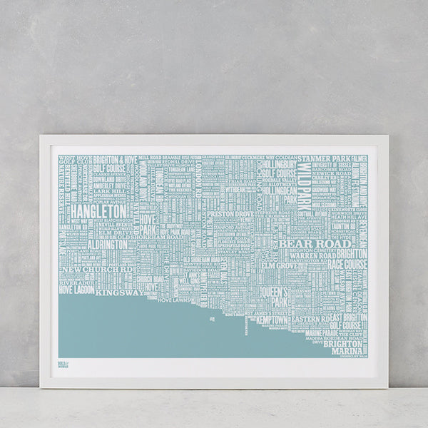 Brighton type map screen print in coastal blue, printed on recycled card, delivered worldwide