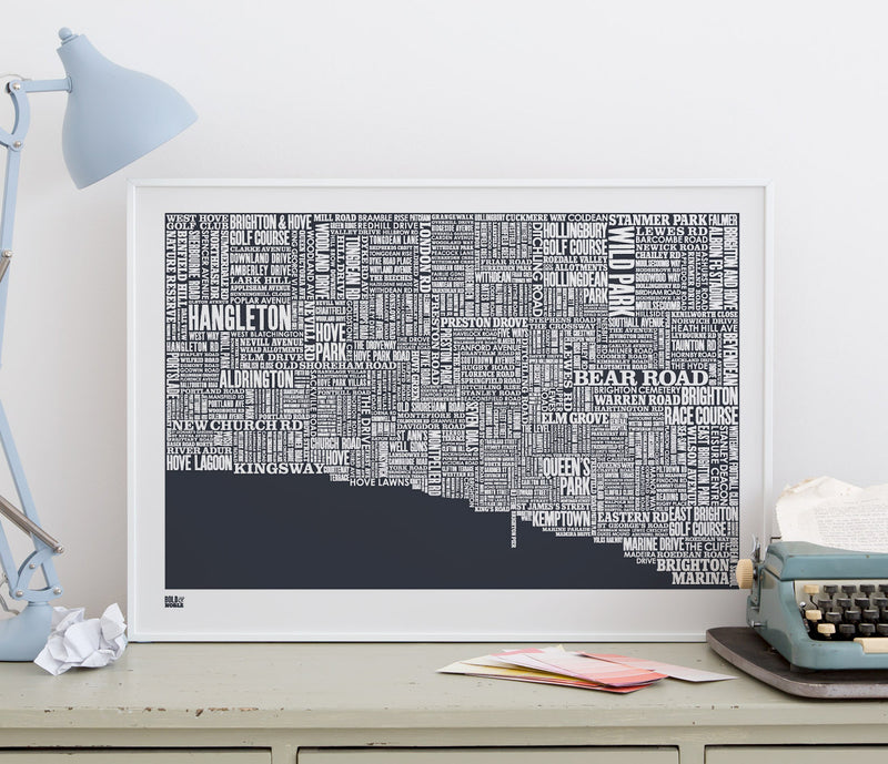 Wordle Brighton Map Wall Art Print, Screen Printed in sheer slate