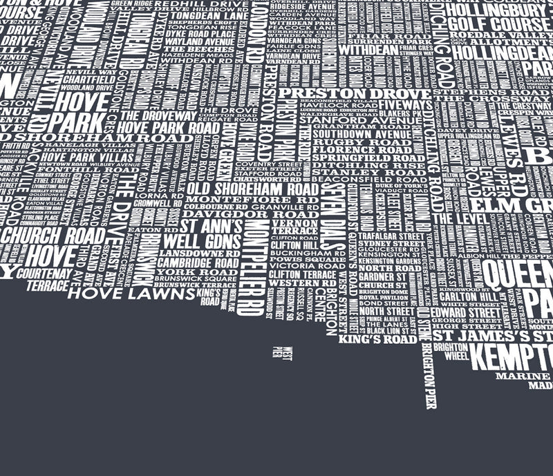 Close up of Brighton Type Map screen print in sheer slate