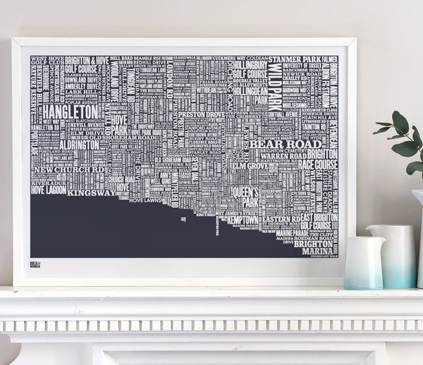 Wall art ideas, economical screen prints, Brighton type map in sheer slate