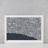 Brighton type map screen print in sheer slate, printed on recycled card, delivered worldwide