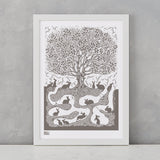 Burrow Rabbit A4 screen printed artwork in putty grey, delivered worldwide