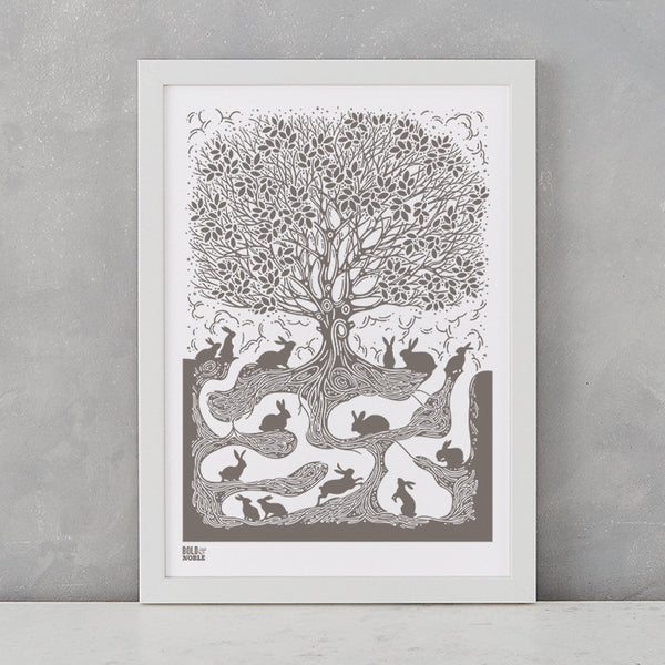 Burrow Rabbit A4 screen printed artwork in putty grey, delivered worldwide