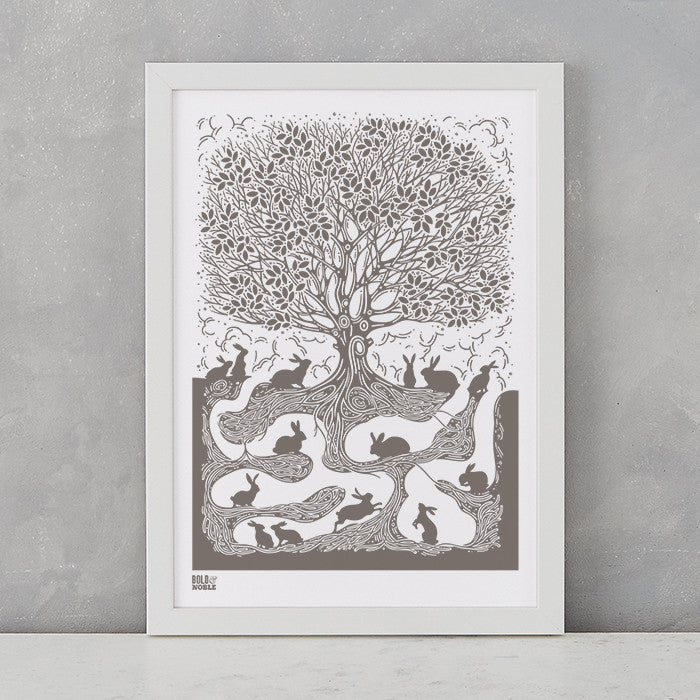 Burrow Rabbit A4 screen printed artwork in putty grey, delivered worldwide
