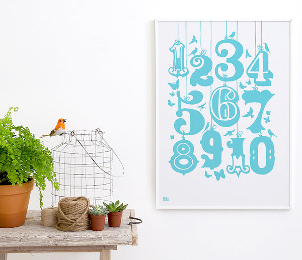 Pictures and wall art, screen printed 1-10 Kids poster in azure blue