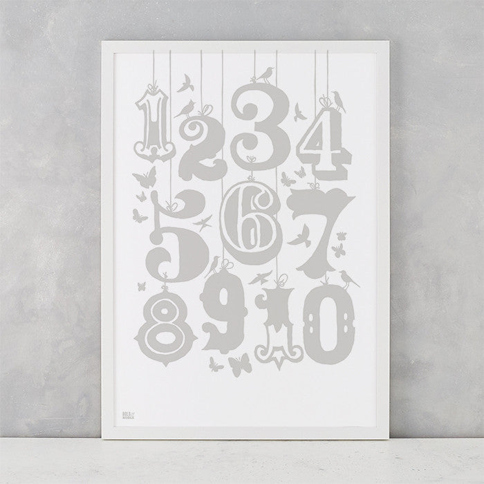 Count Numbers Kids Screen Print in chalk grey, recycled paper, delivered worldwide