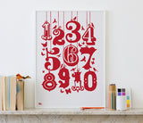 Pictures and wall art, screen printed 1-10 Kids poster in poppy red