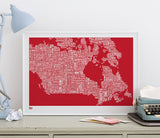 Wordle Canada Map Wall Art Print, Screen Printed in poppy red