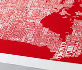 Close up of Canada Type Map screen print in poppy red