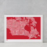 Canada Type Map in poppy red, screen printed on recycled card, delivered worldwide