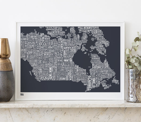 Wall art ideas, economical screen prints, Canada type map in sheer slate