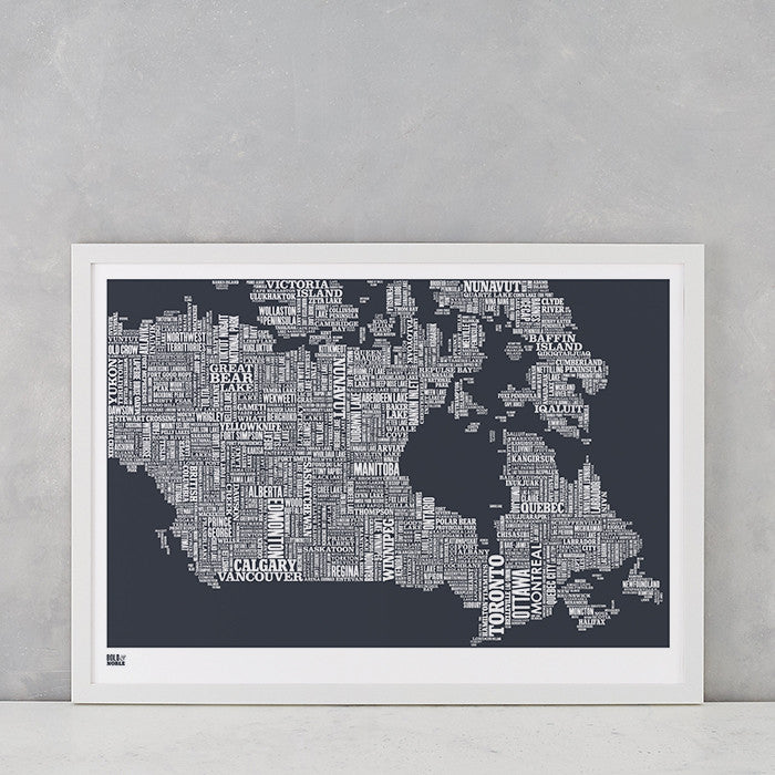 Canada Type Map in sheer slate, screen printed on recycled card, delivered worldwide