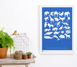 Wall art ideas, economical screen prints, Creatures A-Z kids print in cobalt blue