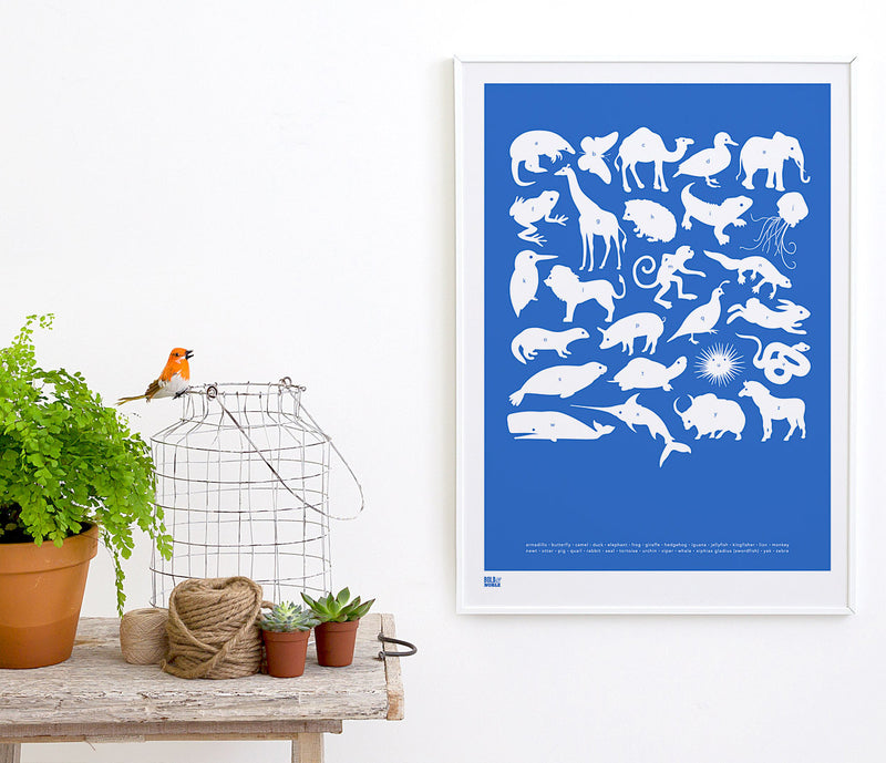 Wall art ideas, economical screen prints, Creatures A-Z kids print in cobalt blue