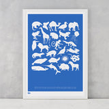 Creatures A-Z Screen Printed Kids Poster, in cobalt blue, delivered worldwide