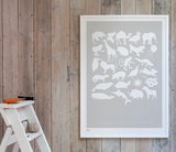 Pictures and wall art, screen printed Creatures A-Z Kids poster in chalk grey