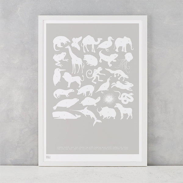 Creatures A-Z Screen Printed Kids Poster, in chalk grey, delivered worldwide
