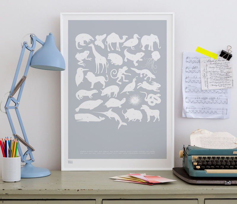 Wall art ideas, economical screen prints, Creatures A-Z kids print in silver