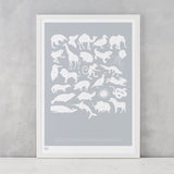 Creatures A-Z Screen Printed Kids Poster, in silver, delivered worldwide