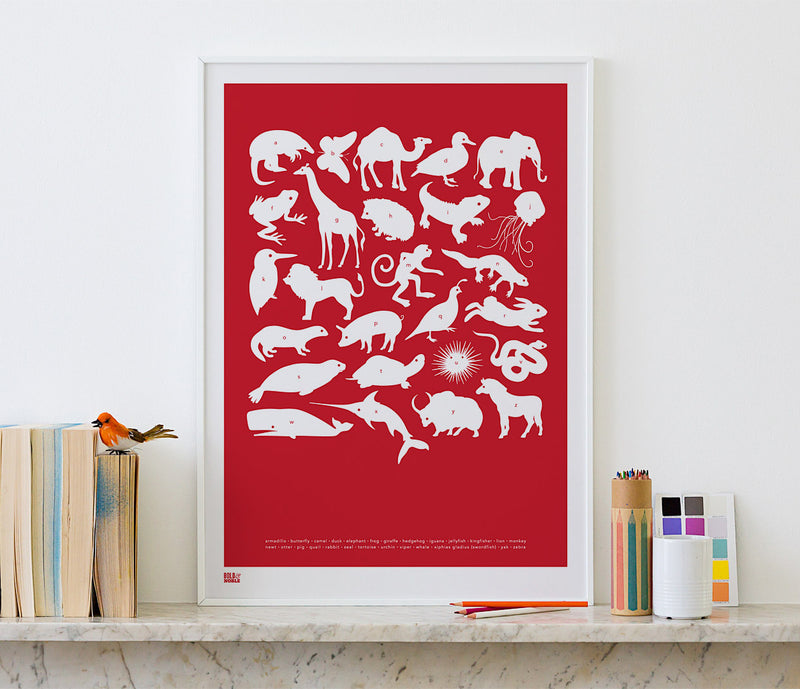 Pictures and wall art, screen printed Creatures A-Z poster in poppy red