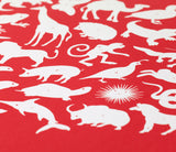 Close up of Creatures A-Z alphabet screen print in poppy red, economical kids wall art ideas