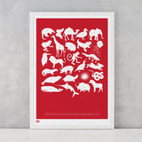 Creatures A-Z Screen Printed Kids Poster, in poppy red, delivered worldwide