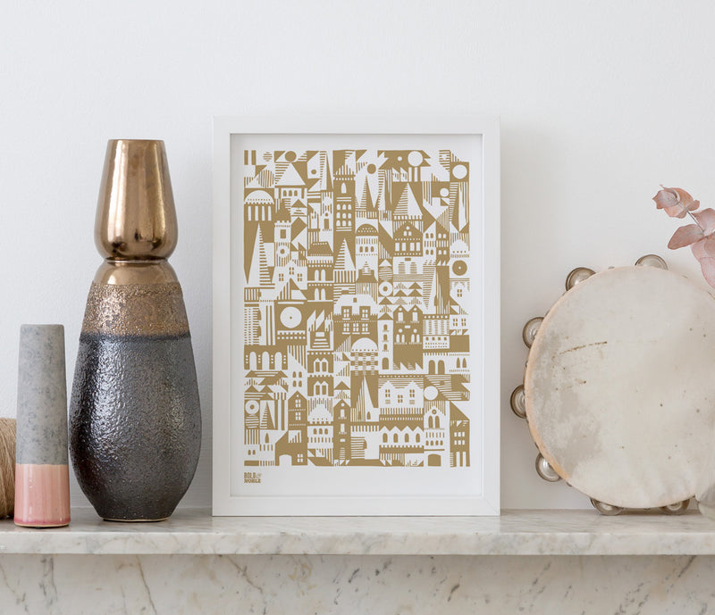 Pictures and Wall Art, Screen printed Coming Home Geometric design in bronze