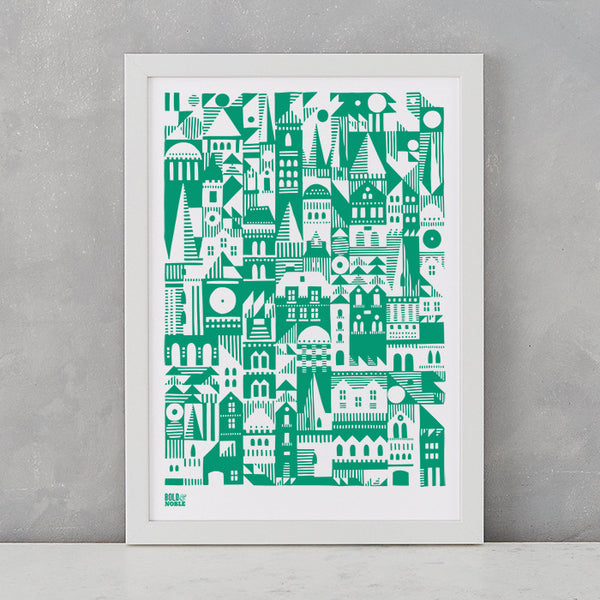 Coming Home Geometric Print in green, A4 print on recycled paper, delivered worldwide