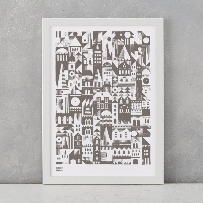 Coming Home Geometric Print in mouse grey, A4 print on recycled paper, delivered worldwide