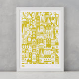 Coming Home Geometric Print in yellow moss, A4 print on recycled paper, delivered worldwide
