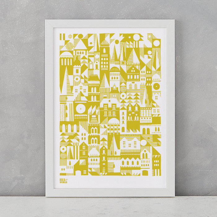 Coming Home Geometric Print in yellow moss, A4 print on recycled paper, delivered worldwide