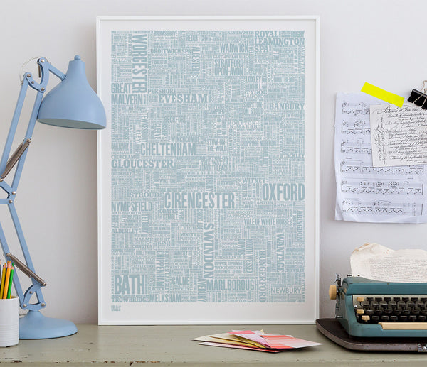 Wall art ideas, economical screen prints, Cotswolds type map in duck egg blue