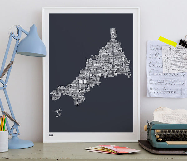 Wall art ideas, economical screen prints, Cornwall type map in sheer slate