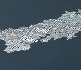 Close up of Cornwall Type Map screen print in sheer slate