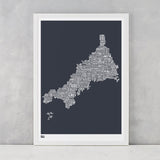 Cornwall Type Map in sheer slate, screen printed on recycled card, delivered worldwide