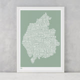 Cumbria Type Map in seafoam green, screen printed on recycled card, delivered worldwide