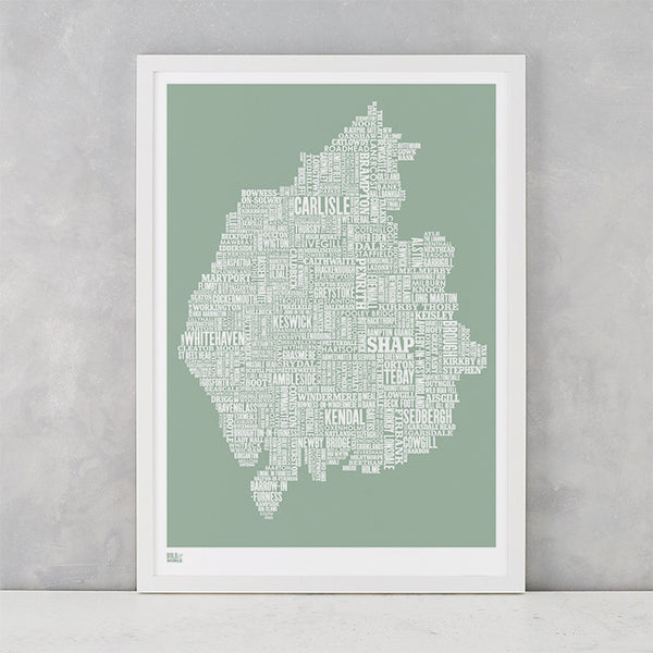 Cumbria Type Map in seafoam green, screen printed on recycled card, delivered worldwide