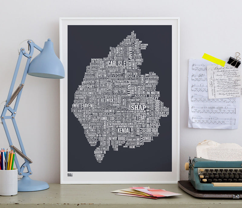 Wall art ideas, economical screen prints, Cumbria type map in sheer slate