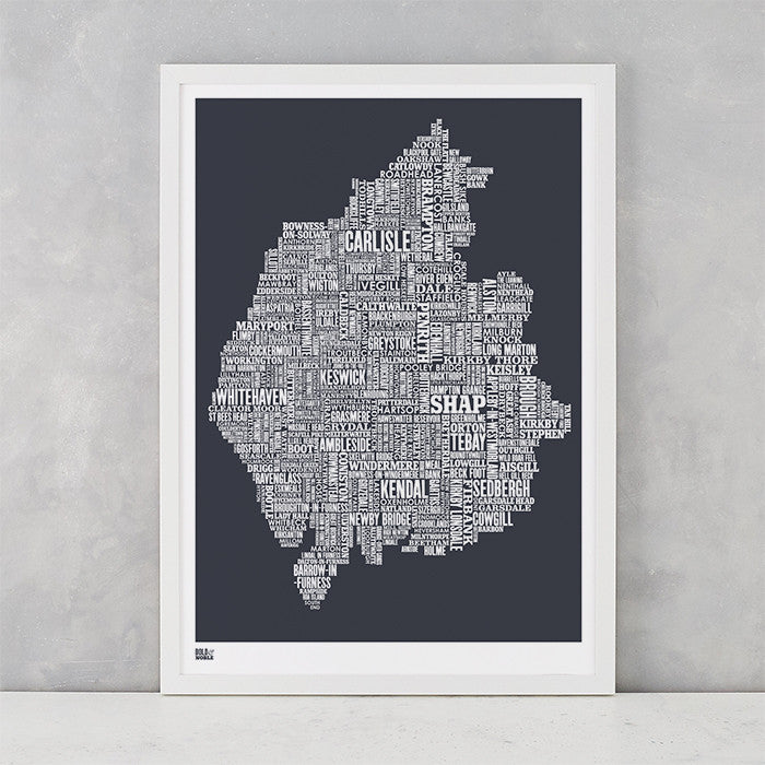 Cumbria Type Map in sheer slate, screen printed on recycled card, delivered worldwide