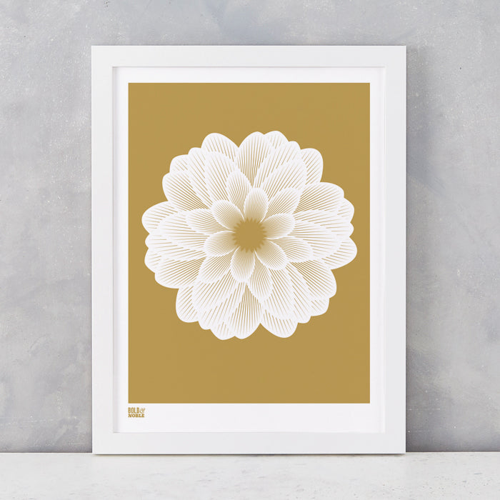 Dahlia Peony screen print in bronze, recycled card, delivered worldwide