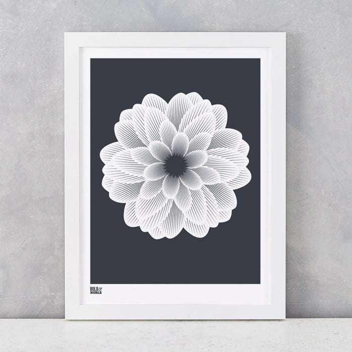 Dahlia Peony screen print in sheer slate, recycled card, delivered worldwide