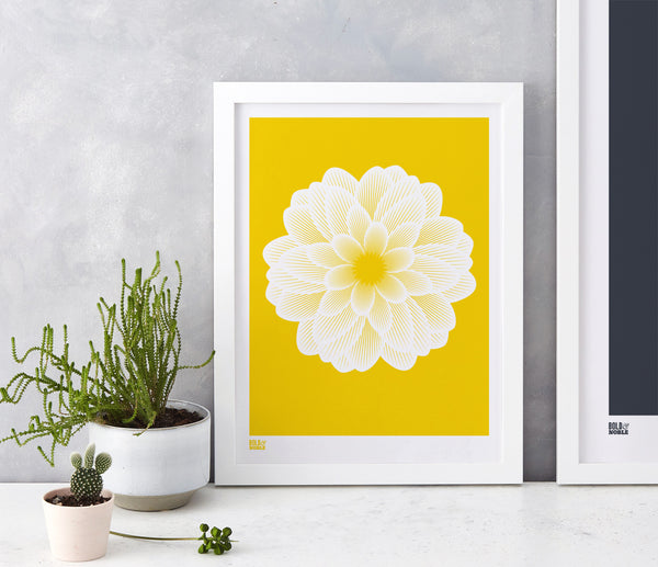 Wall art ideas, economical screen prints, Dahlia Peony in bright yellow