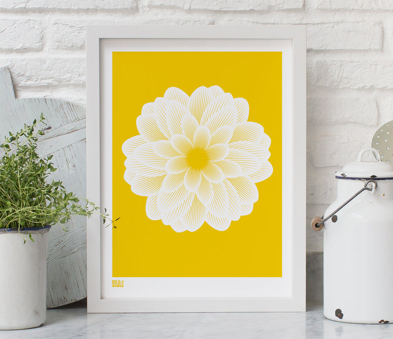 Pictures and wall art, screen printed Dahlia Peony poster in bright yellow