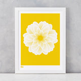 Dahlia Peony screen print in bright yellow, recycled card, delivered worldwide
